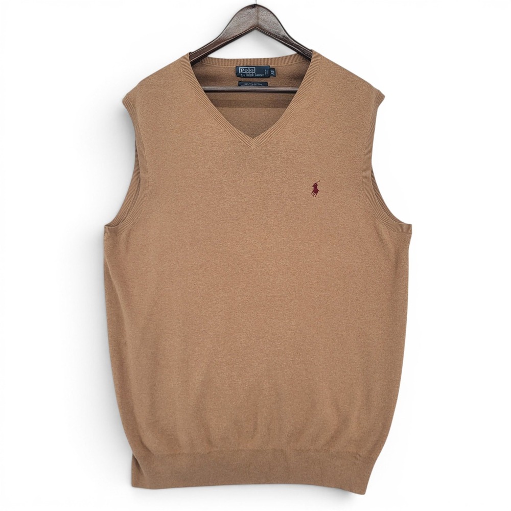 Polo Ralph Lauren Mens XLT Sweater Vest Tan Pima Cotton V Neck‎ Golf Classic